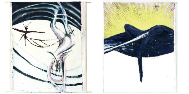 Po lewej: “Nienawidząc obrazu“ 160 x 200cm, olej na płótnie: Agnieszka Sztejerwald. Po prawej: zdjęcie z pracowni.